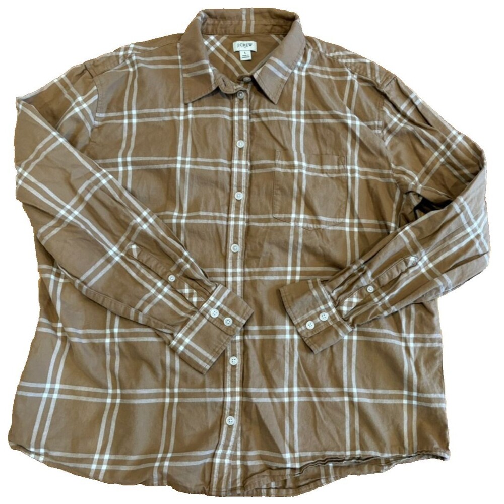 J.Crew Shirt Women's Large Flannel Tan Khaki Plaid Button Up Pocket 100% Cotton - Picture 6 of 8
